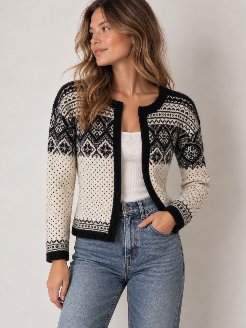 Vintage Pure Virgin Wool Fair Isle Cardigan Nordic Sweater